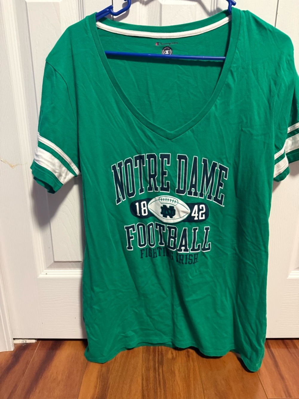 Champion Green Notre Dame Football V-Neck Tee with White Sleeve Stripes